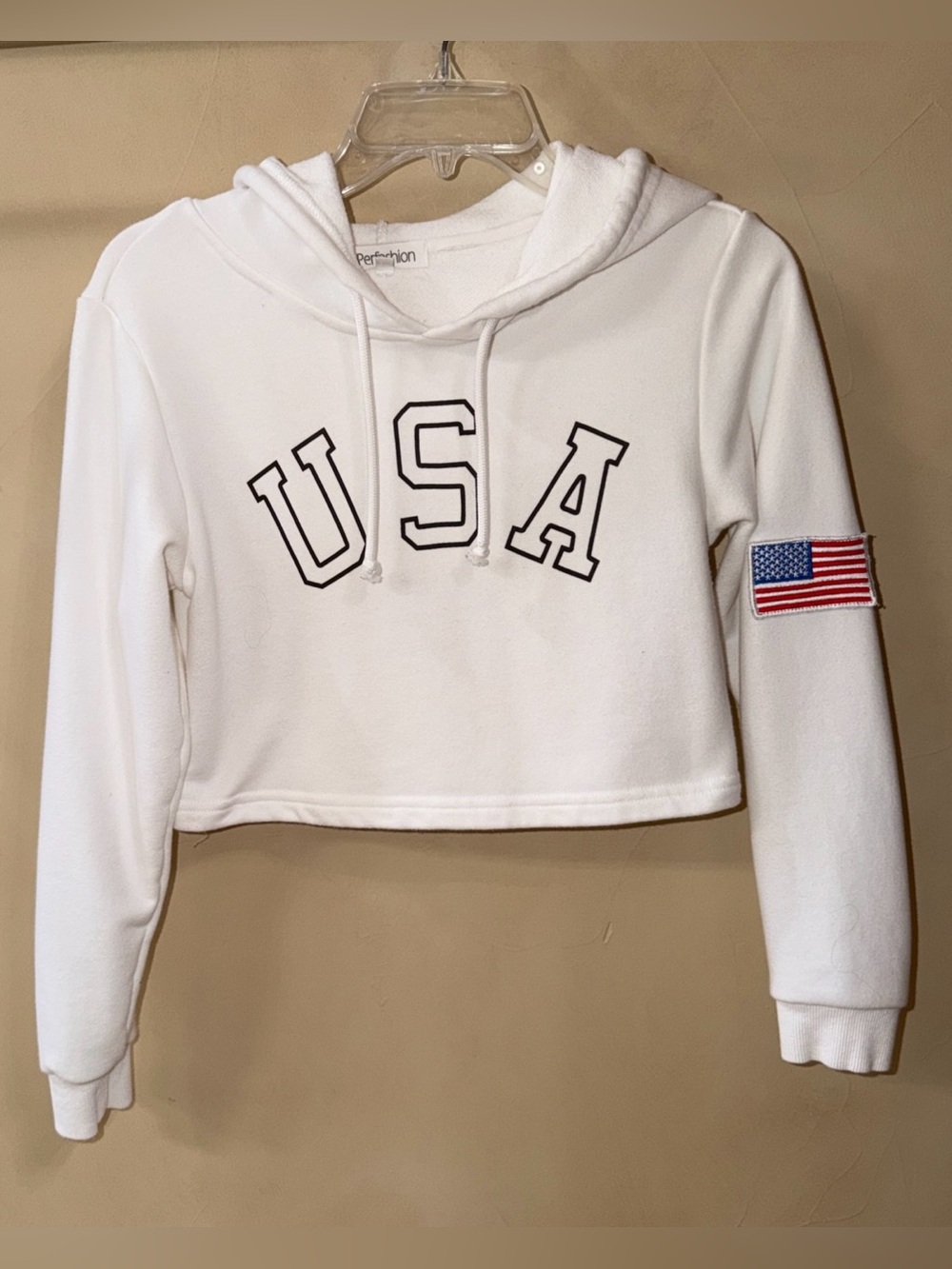 Perfashion USA Womens Crop Top Pullover Hoodie American Flag Patch Size XS